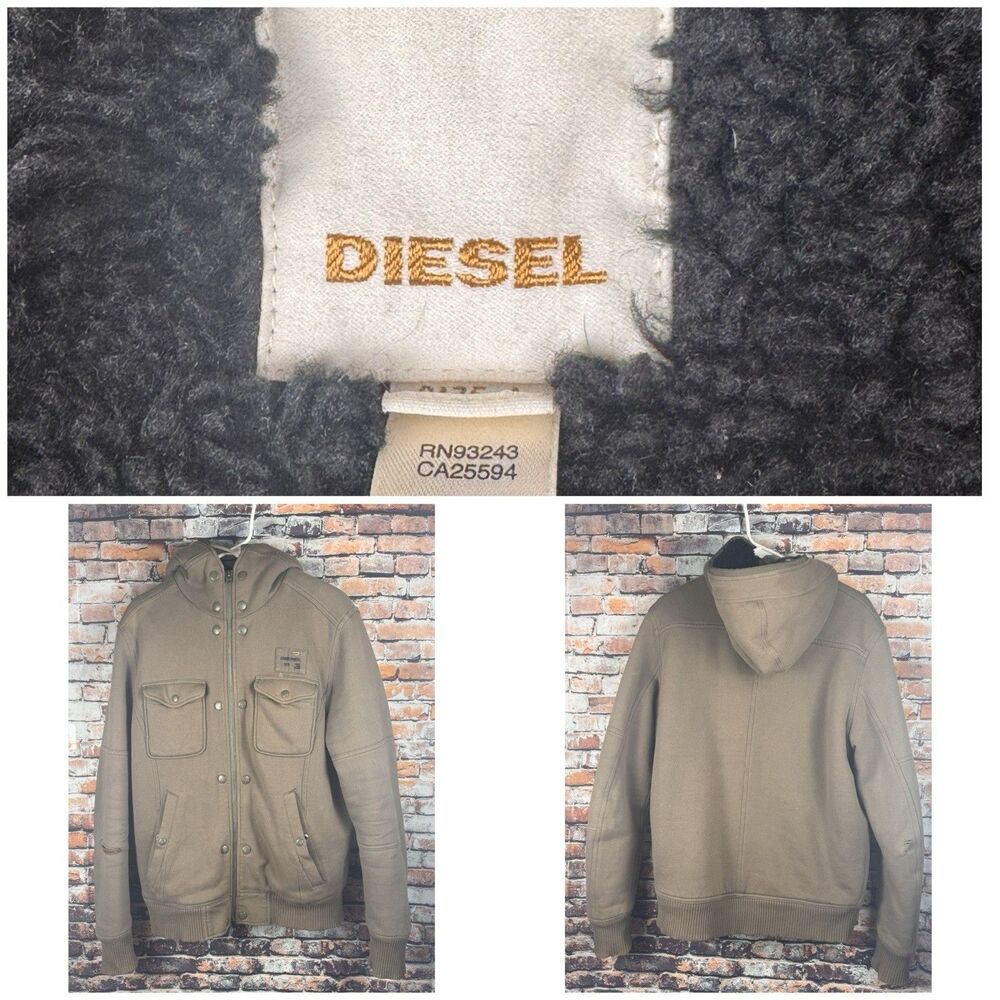 Vintage Diesel Women's Brown Tan Canvas Black Sherpa Lined Hooded Jacket Large